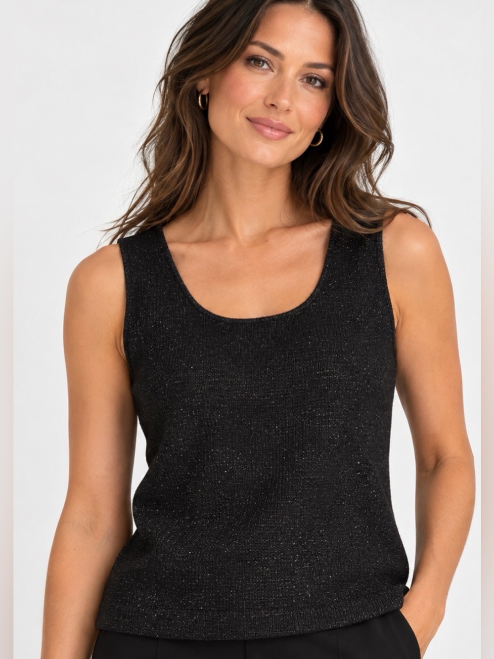St. John Black Metallic Wool Blend Knit Sleeveless Shell Tank L